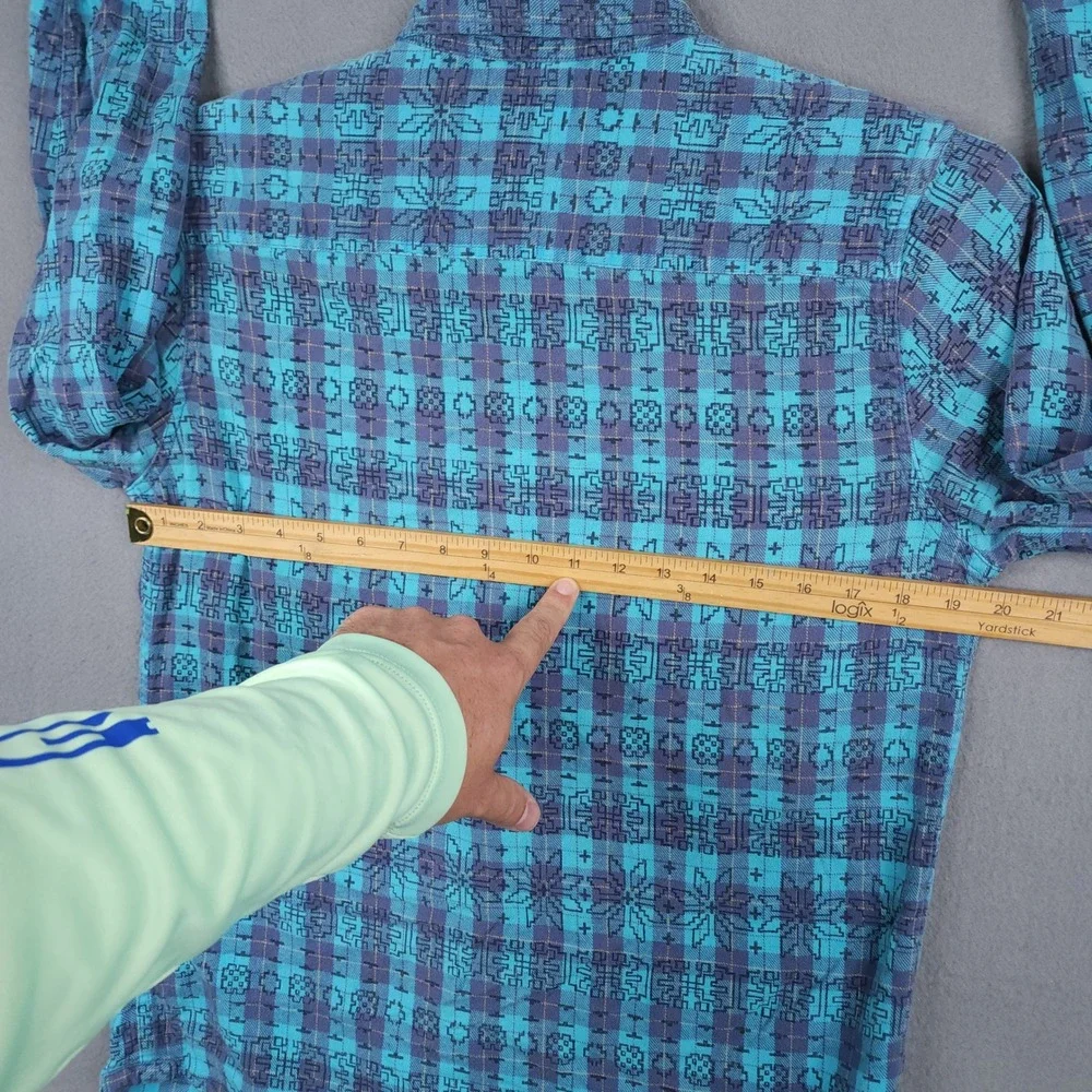 Aeropostale Mens Medium Teal Blue Plaid Southwestern Aztec Flannel Button Shirt